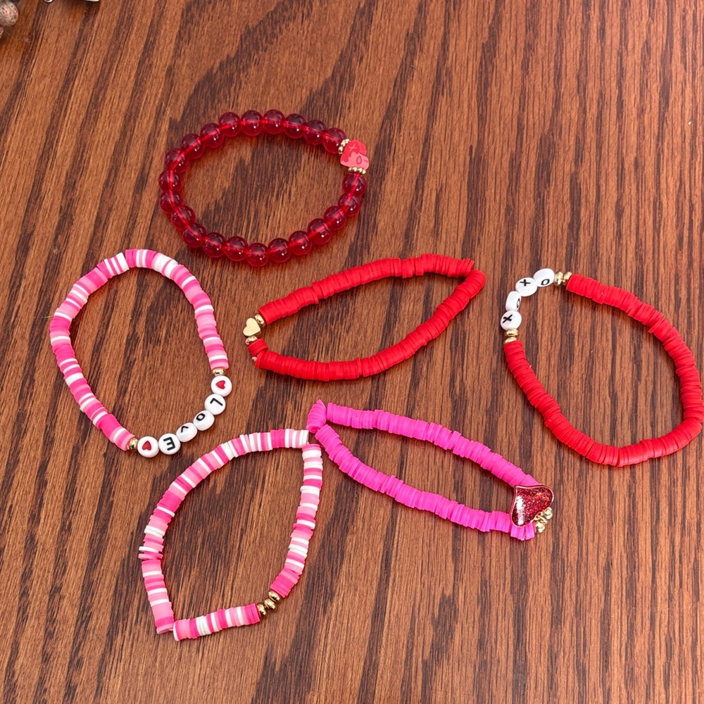 Set of Pink & Red Beaded Stretch Bracelets
